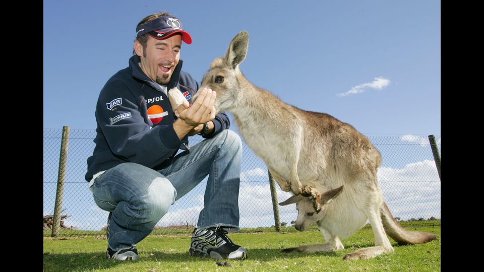 Max Biaggi nutre un canguro durante una visita allo zoo locale a Phillip Island, il 13 ottobre 2005, prima del Gran Premio australiano nel circuito di Phillip Island il 16 ottobre &nbsp;