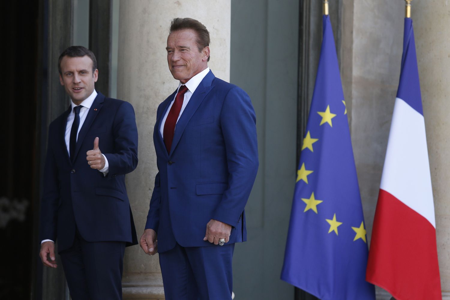 &nbsp;Il presidente francese Emmanuel Macron e l'attore Arnold Schwarzenegger