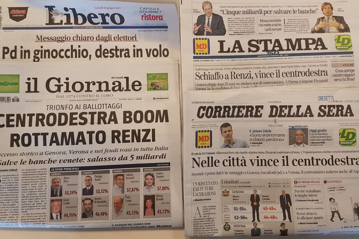 Titoli giornali dopo elezioni amministrative