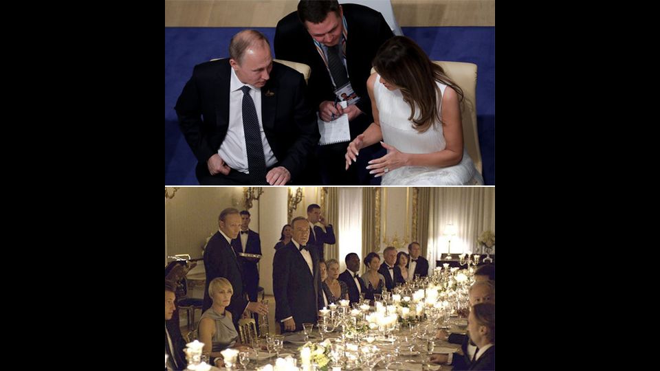 Ma i parallelismi con la fortunata serie prodotta da Netflix e interpretata da Kevin Spacey e Robin Wright non finiscono qua: al termine dell'incontro, Melania Trump, l'ex modella che oggi &egrave; la moglie del presidente americano, &egrave; stata presentata a Putin. E a cena, al termine del concerto alla Elbphilharmonie, la First Lady -con un'abile scelta dettata dalla 'diplomazia dei posti a tavola'- &egrave; stata fatta sedere accanto al presidente russo, notoriamente non indifferente al fascino femminile. Esattamente come nella puntata di House of Cards.&nbsp;