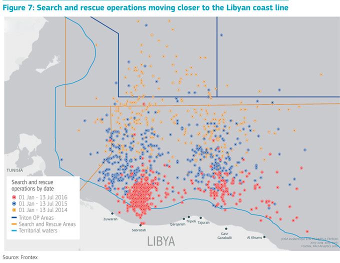 Aree in cui si sono svolti i salvataggi di migranti negli anni 2013-2016