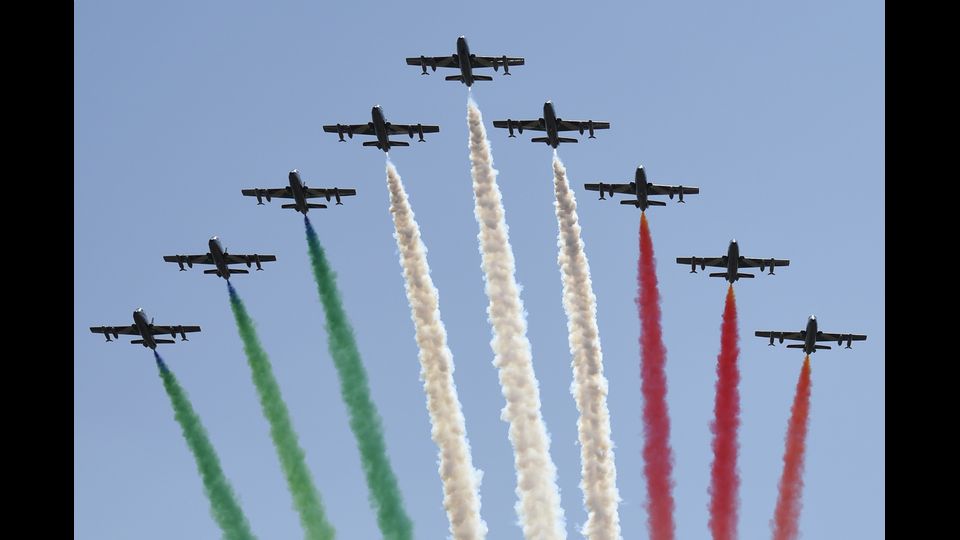 &nbsp;Il Gran Premio di F1 a Monza, il volo delle Frecce Tricolore prima dell'inizio della gara. (Afp)