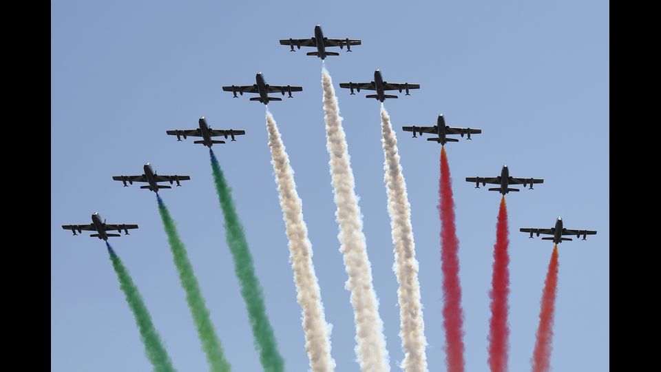 &nbsp;Il Gran Premio di F1 a Monza, il volo delle Frecce Tricolore prima dell'inizio della gara. (Afp)