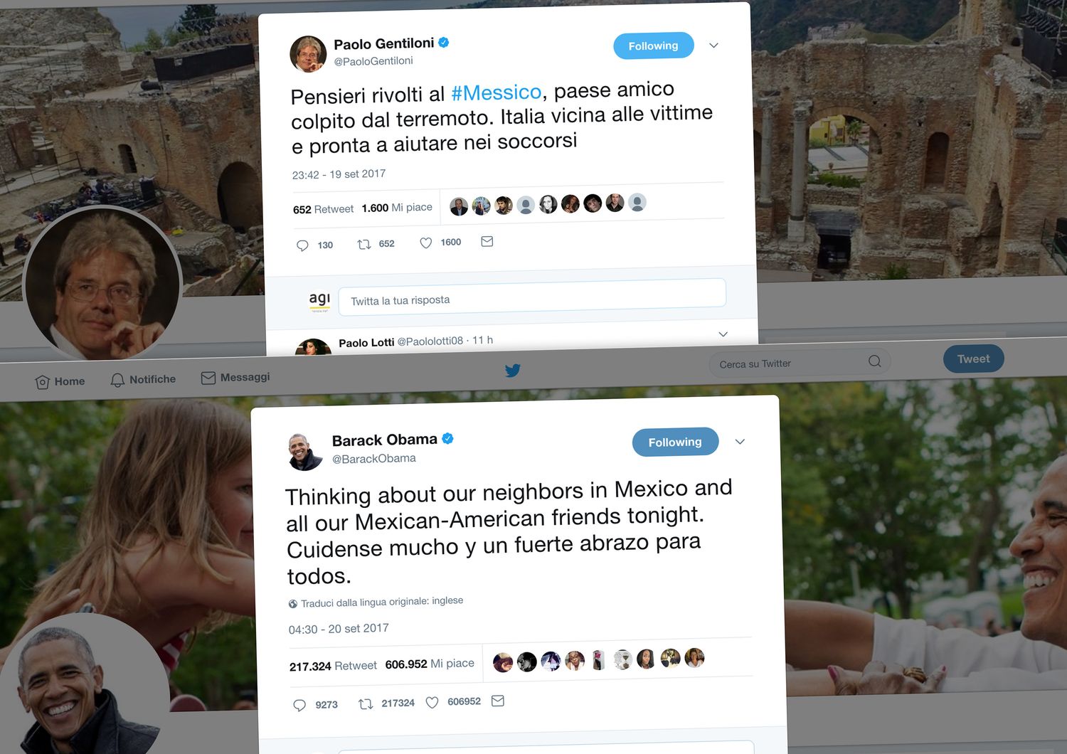 Tweet Obama e Gentiloni su Messico&nbsp;
