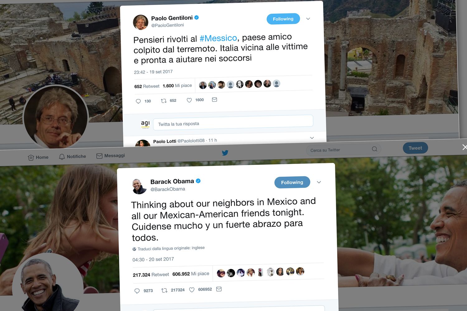 Tweet Obama e Gentiloni su Messico&nbsp;