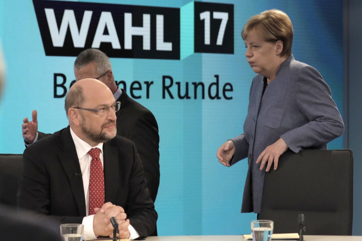 &nbsp;Martin Schulz e Angela Merkel nel confronto televisivo post voto