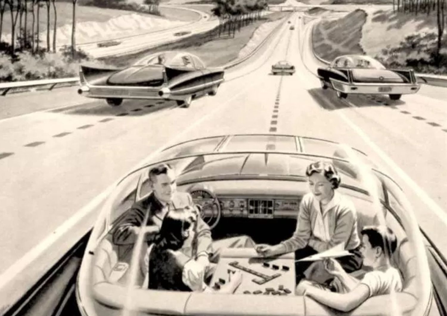 Una illustrazione degli anni '50 che immaginava il futuro dell'auto pubblicata qui&nbsp;https://qz.com/781113/how-florida-became-the-most-important-state-in-the-race-to-legalize-self-driving-cars/