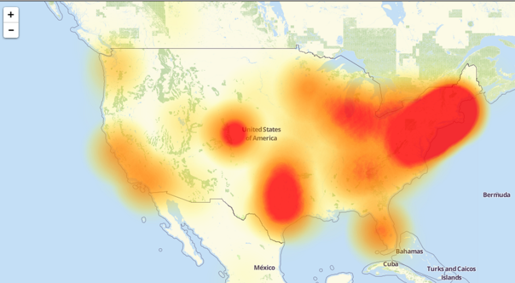 &nbsp;In rosso le aree in cui il traffico internet trasmesso da Dyn era inaccessibile