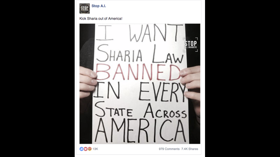 Destinatari: Persone che si sentono minacciate dai musulmani&nbsp;Un gruppo chiamato &ldquo;Stop A.I&rdquo; ha pubblicato dei post che criticano la legge sulla Sharia. Contenuti che sono stati condivisi migliaia e migliaia di volte. &ldquo;Voglio che la legge sulla Sharia sia proibita in ogni stato americano&rdquo;.&nbsp;&nbsp;