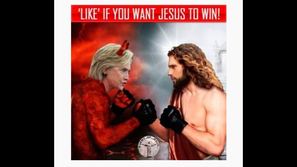 Destinatari: I Cristiani   Il modus operandi del gruppo &ldquo;Esercito di Ges&ugrave;&rdquo; &egrave; stato quello di inserire delle citazioni tratte dalla Bibbia nei post. Ma il vero affondo &egrave; stato chiamare Hillary Clinton &ldquo;Satana&rdquo;.   &ldquo;Metti like se vuoi che vinca Ges&ugrave;&rdquo;.&nbsp;