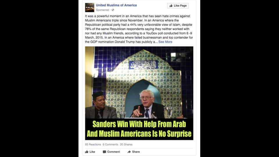 Destinatari: I musulmani&nbsp;La comunit&agrave; dei musulmani uniti d&rsquo;America conta oltre 325mila fan. Durante la campagna ha pianificato eventi ed espresso sostegno per il candidato Bernie Sanders.&ldquo;Non &egrave; un mistero che Sanders abbia vinto grazie all&rsquo;aiuto dei musulmani e arabi americani&rdquo;, si legge in un post.&nbsp;