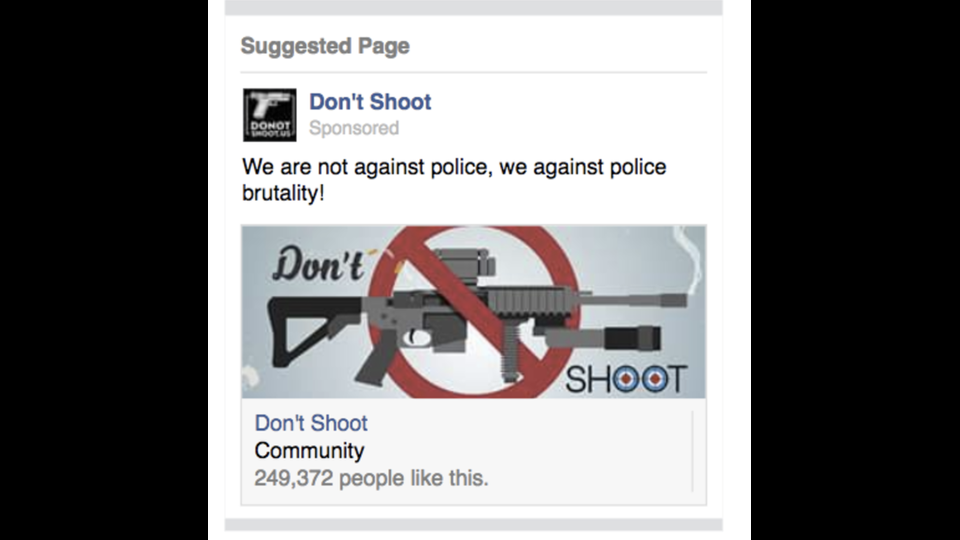 Destinatari: Le persone schierate contro la brutalit&agrave; della polizia&nbsp;&ldquo;Il gruppo &ldquo;Don&rsquo;t Shoot&rdquo; ha raggiunto quota 250mila fan. In un post il gruppo precisa che &ldquo;Non siamo contro la polizia, ma contro la loro brutalit&agrave;&rdquo;.&nbsp;