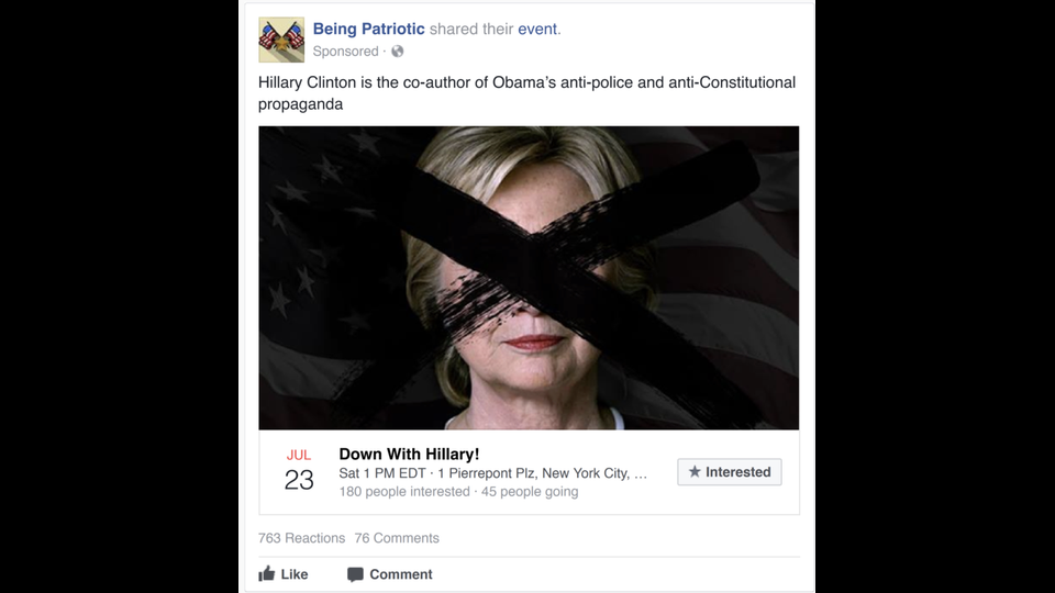 Destinatari: Le persone che odiavano la Clinton&nbsp;Il gruppo &ldquo;Being Patriotic&rdquo; ha organizzato un evento anti-Hillary a New York il 23 luglio del 2016. Tra i post pi&ugrave; condivisi l&rsquo;immagine in primo piano dell&rsquo;ex Segretario di Stato coperto da una croce nera e con la didascalia: &ldquo;Hillary Clinton &egrave; co-autrice della propaganda anti-politica e anti-Costituzionale di Obama&rdquo;&nbsp;
