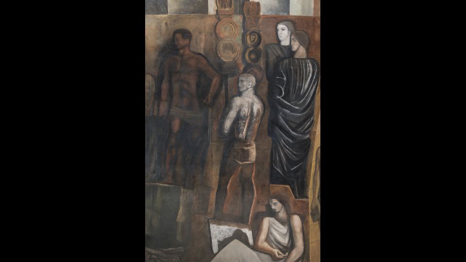 Mario Sironi,&nbsp;L&rsquo;Italia tra le Arti e le Scienze -&nbsp;Dopo l&rsquo;intervento di restauro; parete centrale con i simboli della Romanit&agrave;; in basso la Pittura, a destra la Legge
