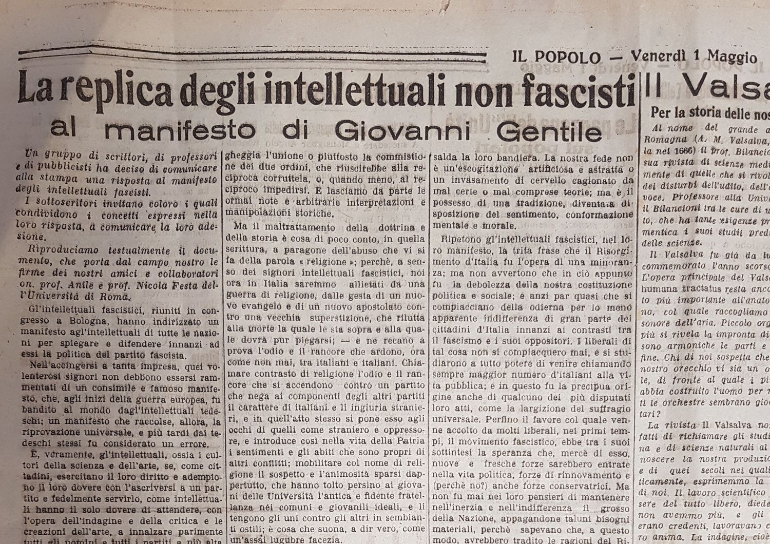 L'unica copia al mondo del &quot;Popolo&quot; del 1 maggio 1925 col manifesto degli intellettuali antifascisti