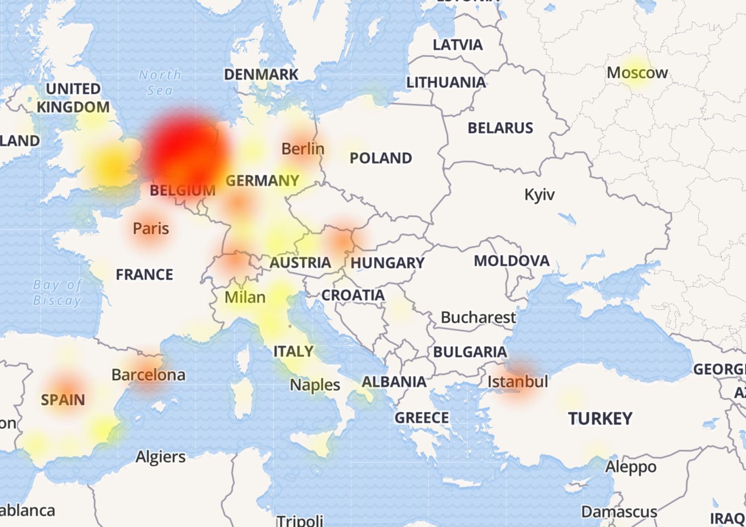 &nbsp;La mappa che dimostra dove il servizio di Whatsapp ha smesso di funzionare il 30 novembre 2017 in Europa