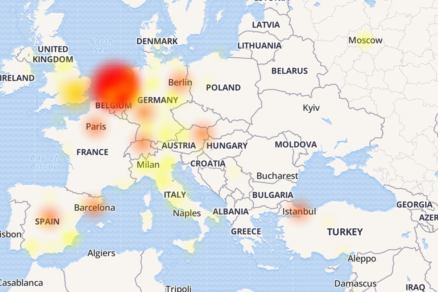 &nbsp;La mappa che dimostra dove il servizio di Whatsapp ha smesso di funzionare il 30 novembre 2017 in Europa