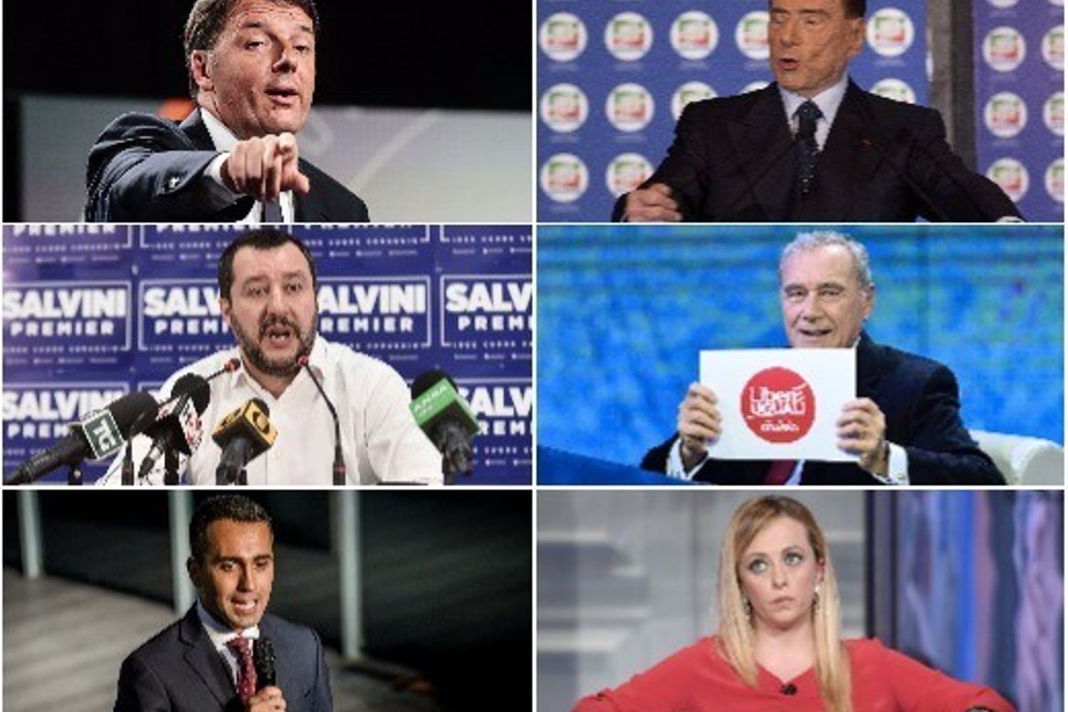 I candidati premier alle prossime elezioni Renzi, Berlusconi, Salvini, Grasso, Di Maio, Meloni