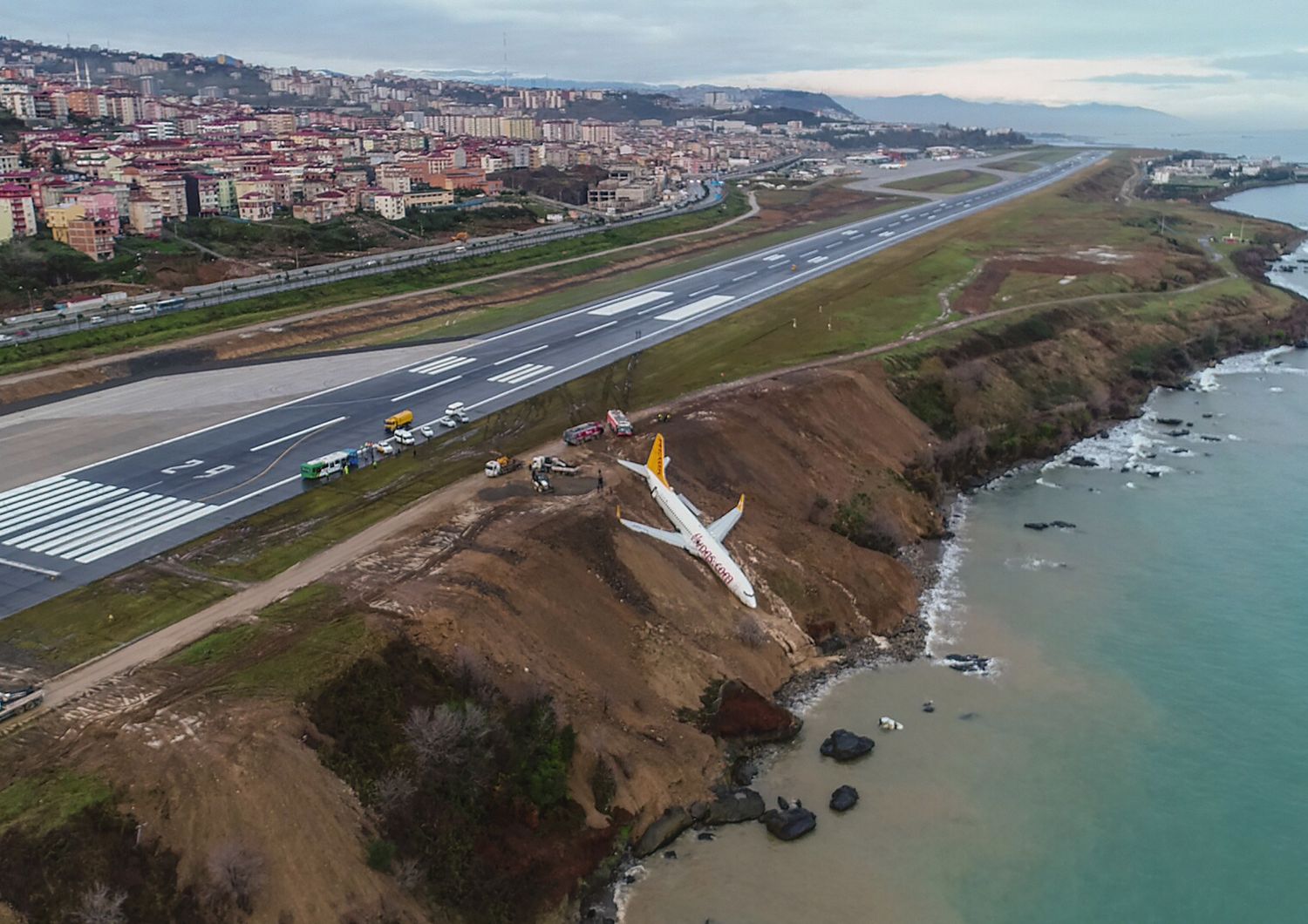 Un aereo della Pegasus Airlines &egrave; scivolato via dalla pista a pochi metri dal mare mentre atterrava all'aeroporto di Trabzon, nel nord della Turchia. Il volo con 168 persone a bordo, era decollato da Ankara in direzione della provincia settentrionale di Trabzon. Non sono state segnalate vittime.