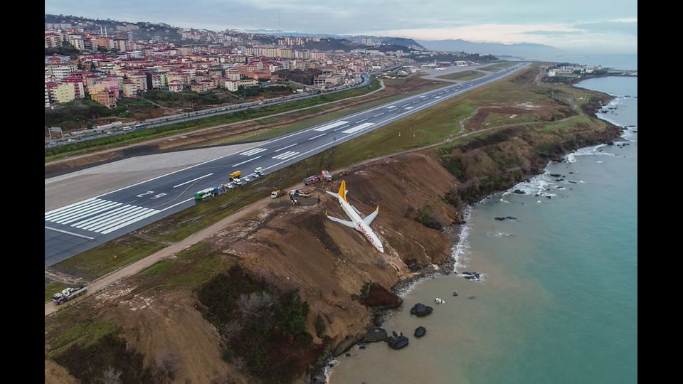 Un aereo della Pegasus Airlines &egrave; scivolato via dalla pista a pochi metri dal mare mentre atterrava all'aeroporto di Trebisonda, nel nord della Turchia. Il volo con 168 persone a bordo, era decollato da Ankara in direzione della provincia settentrionale di Trabzon. Non sono state segnalate vittime.