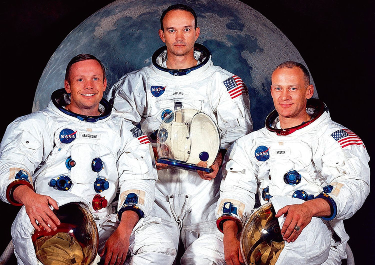 Neil A. Armstrong, Michael Collins e Edwin E. Aldrin Jr., l'equipaggio della missione lunare Apollo 11 nel 1969.&nbsp;