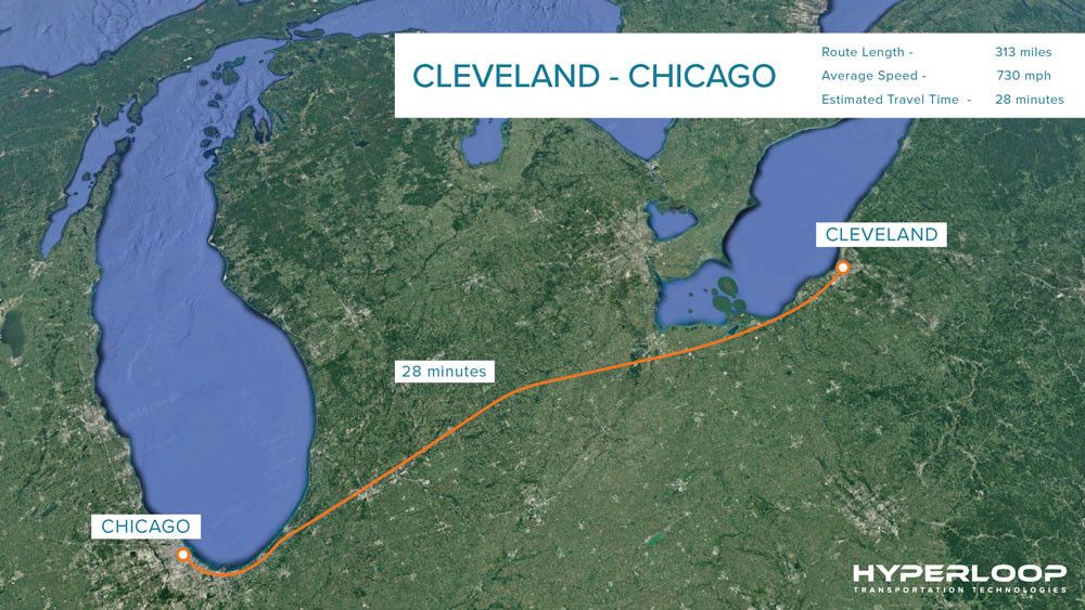 Il tracciato del treno che collegher&agrave; Cleveland e Chicago in 28 minuti&nbsp;