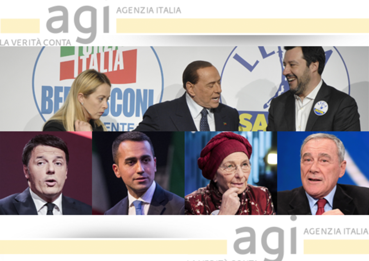 Meloni, Berlusconi, Salvini, Renzi, Di Maio, Bonino, Grasso (AGF)