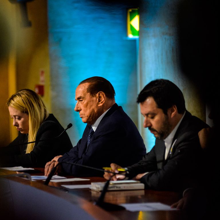 Giorgia Meloni Silvio Berlusconi e Matteo Salvini (Afp)&nbsp;