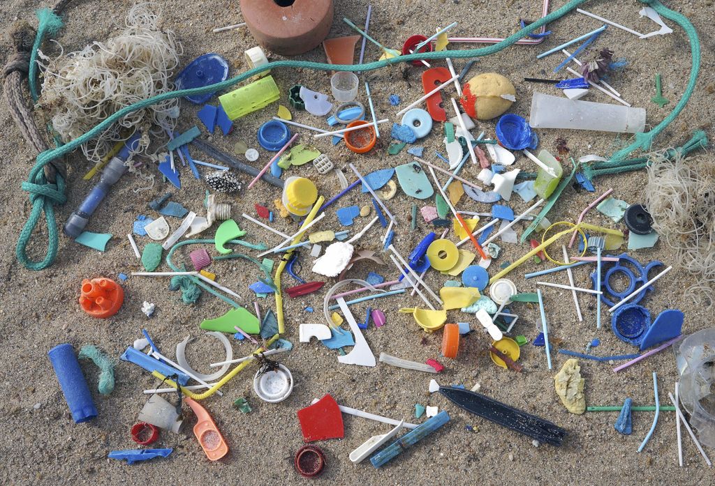 Resti delle reti di plastica portati dal mare sulla spiaggia&nbsp;