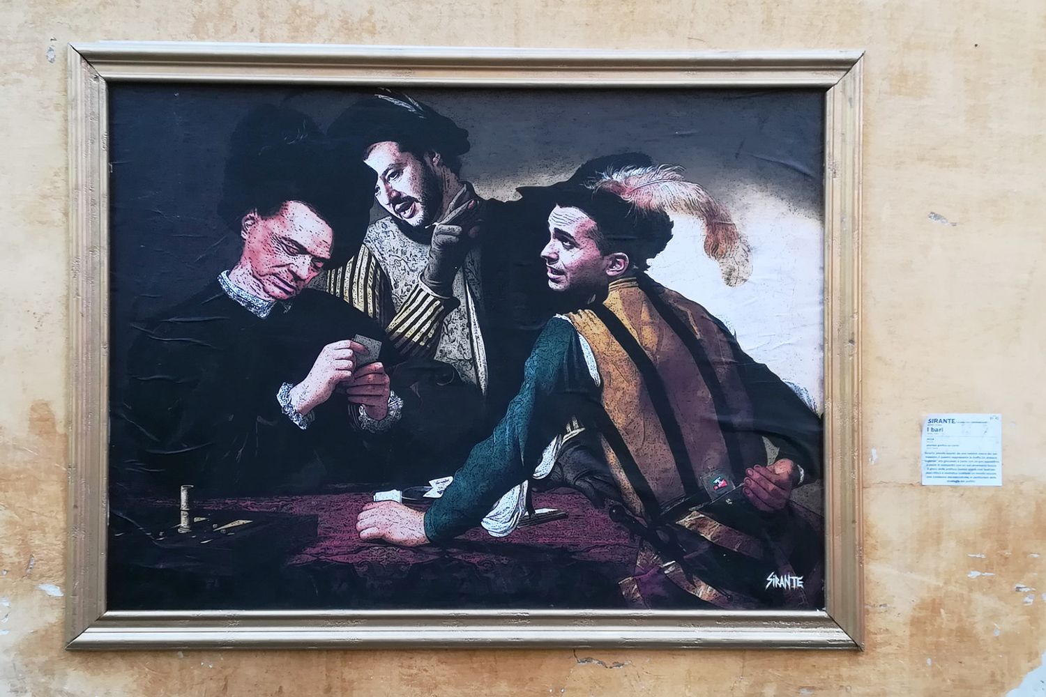 &nbsp;L'opera dello street artist Sirante che ritrae Matteo Salvini, Luigi Di Maio e Silvio Berlusconi nei panni dei personaggi de 'I Bari' di Caravaggio