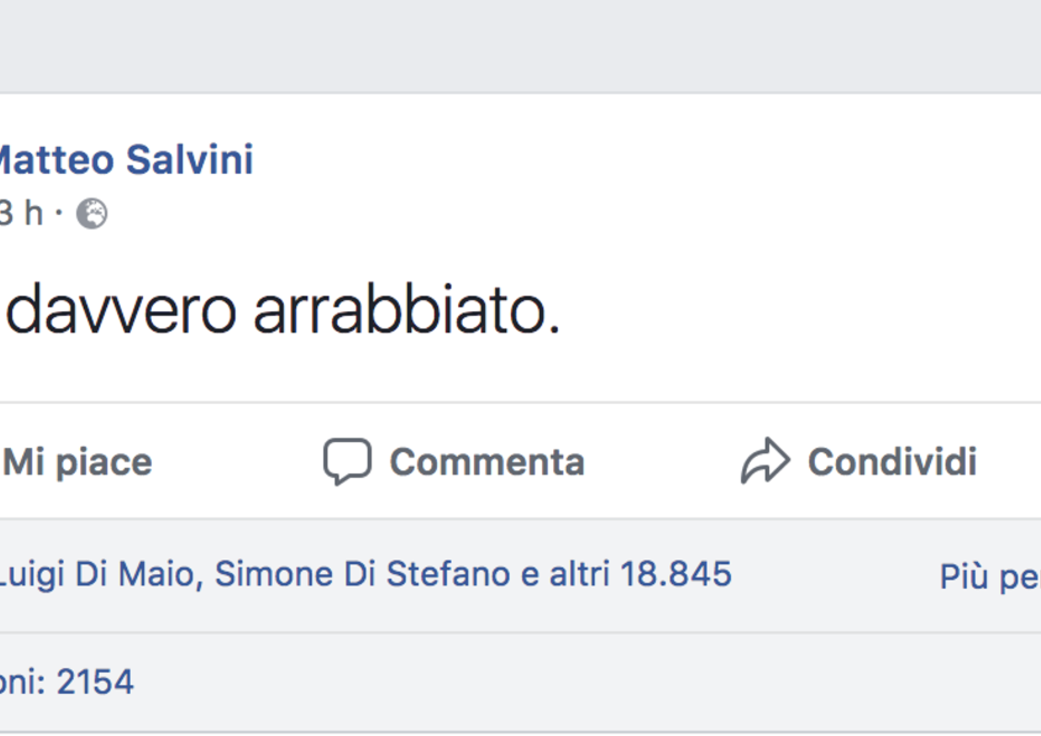Uno screenshot dalla pagina Facebook di Matteo Salvini