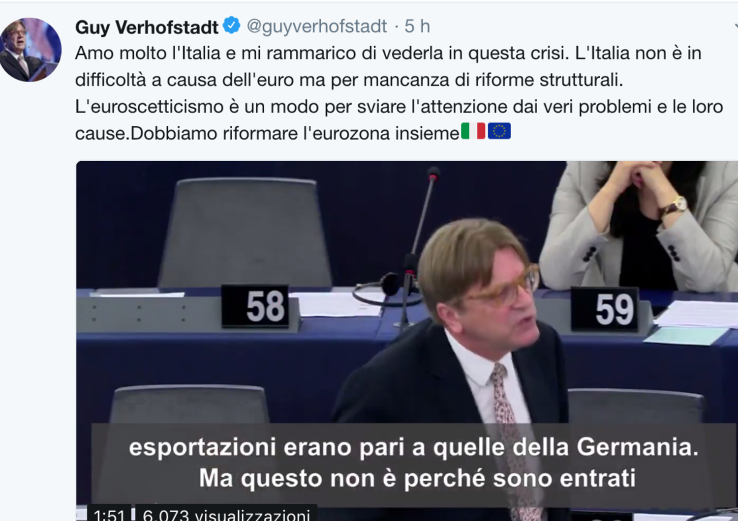 Il tweet in italiano dell&#39;eurodeputato belga&nbsp;Verhofstadt: &quot;Amo l&#39;Italia, riformiamo&nbsp;l&#39;eurozona&quot;