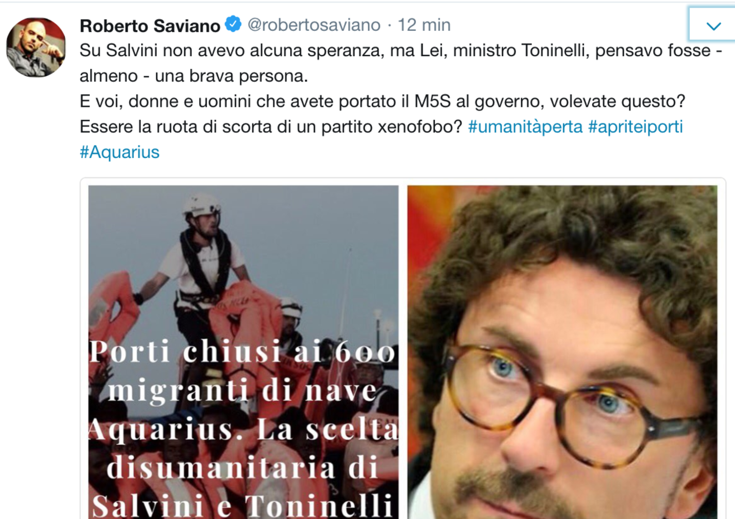 Saviano&nbsp;replica a&nbsp;Toninelli&nbsp;sui migranti: &quot;Pensavo fossi una brava persona&quot;