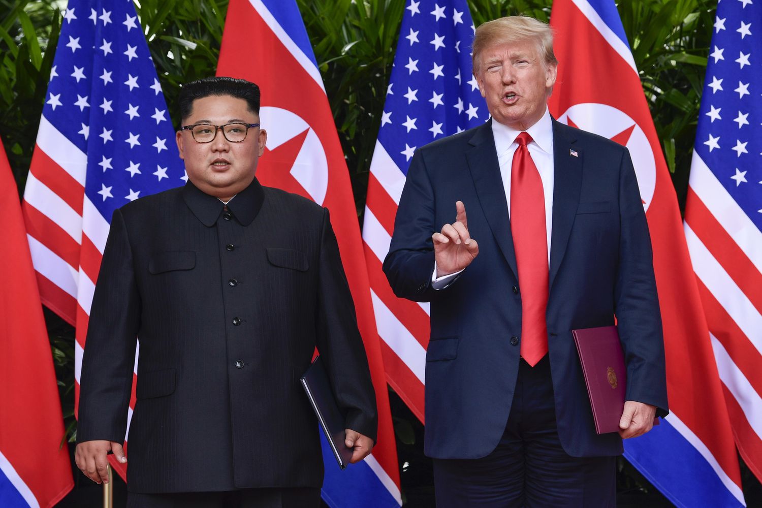 &nbsp;Negoziati per la denuclearizzazione. Vertice storico USA-Corea del Nord. Il Presidente degli Stati Uniti Donald Trump con il leader della Corea del Nord Kim Jong, Singapore il 12 giugno 2018&nbsp;&nbsp;
