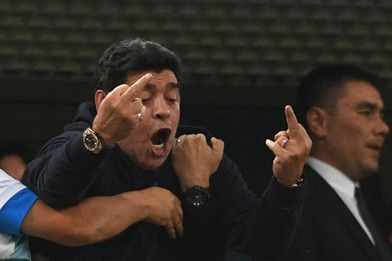 Diego Armando Maradona esulta durante Argentina-Nigeria&nbsp;