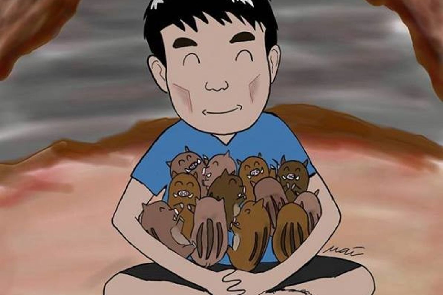 Il disegno di&nbsp;Jiraporn Luekaewma che ritrae l'allenatore della squadra intrappolata nella grotta thailandese