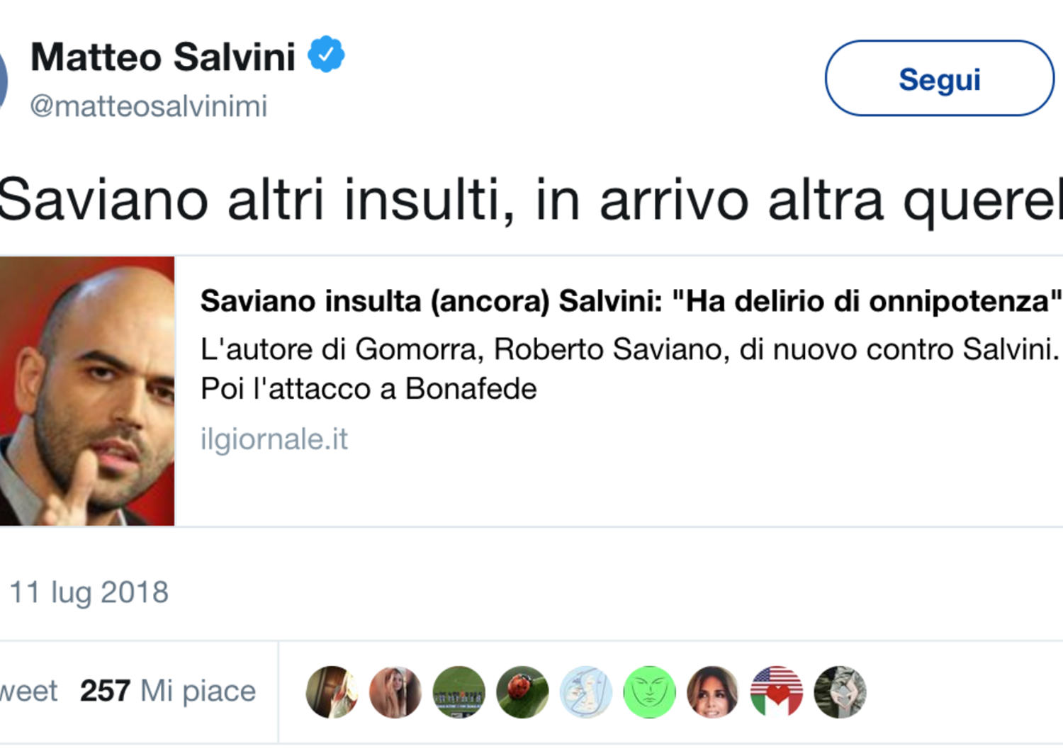 Nuovo scontro&nbsp;Saviano-Salvini&nbsp;su Twitter, e il ministro annuncia querela&nbsp;