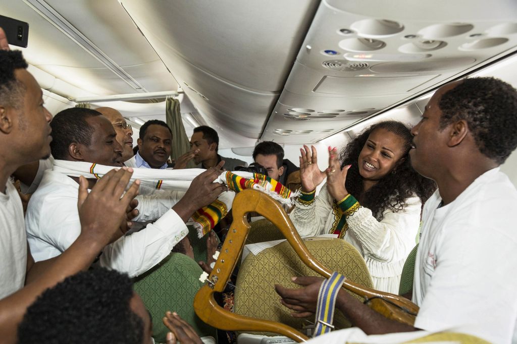 &nbsp;Il primo volo che riavvia il servizio aereo dopo 2 decenni tra Etiopia ed Eritrea. Aeroporto Internazionale Bole di Addis Abeba, in Etiopia, il 18 luglio 2018
