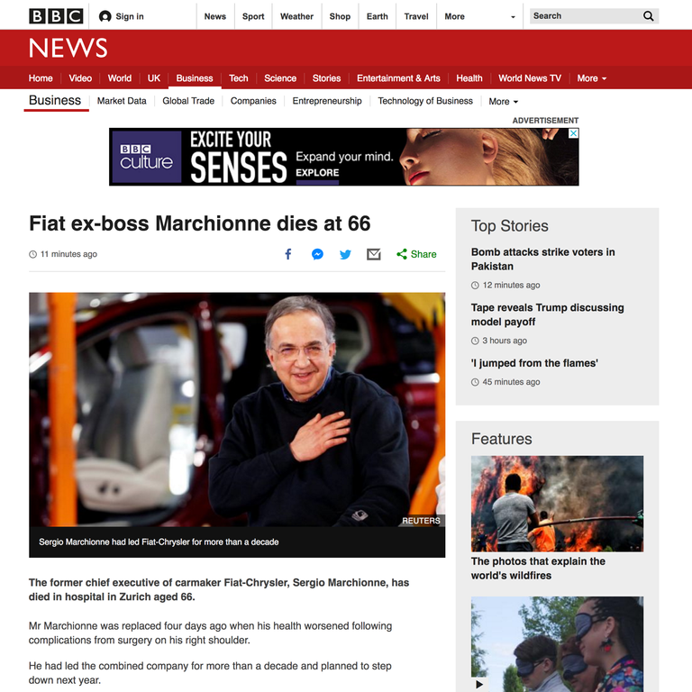 BBC NEWS: L'ex capo della Fiat Marchionne muore a 66 anni.Sergio Marchionne aveva guidato Fiat-Chrysler per pi&ugrave; di un decennio&nbsp;