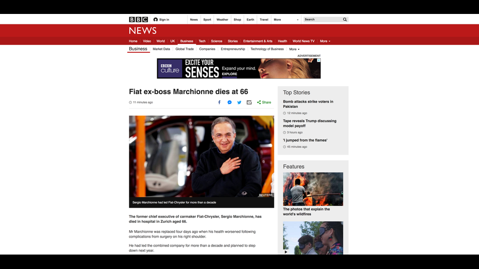 BBC NEWS: L'ex capo della Fiat Marchionne muore a 66 anni.Sergio Marchionne aveva guidato Fiat-Chrysler per pi&ugrave; di un decennio&nbsp;