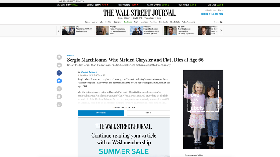 &nbsp;WALL STREET JOURNAL: Sergio Marchionne, che fuse Chrysler e Fiat, muore all'et&agrave; di 66 anni.&nbsp;&nbsp;Ha sfidato l'ortodossia, individuando le tendenze in anticipo