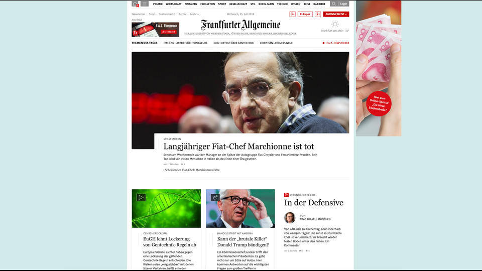 FRANKFURTER ALLGEMEINE ZEITUNG (FAZ): Marchionne, per lungo tempo a capo della Fiat, &egrave; mortoGi&agrave; nel fine settimana, il manager era stato sostituito a capo del gruppo automobilistico Fiat Chrysler e Ferrari. La sua morte &egrave; vista da molte persone in in Italia come la fine di un&rsquo;epoca&nbsp;