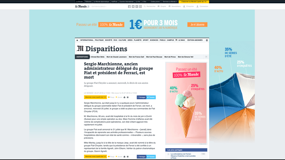 LE MONDE: Sergio Marchionne, ex amministratore delegato di Fiat Group e presidente della Ferrari, &egrave; morto.Il Gruppo Fiat Chrysler ha annunciato mercoled&igrave; la morte del suo ex capo.&nbsp;
