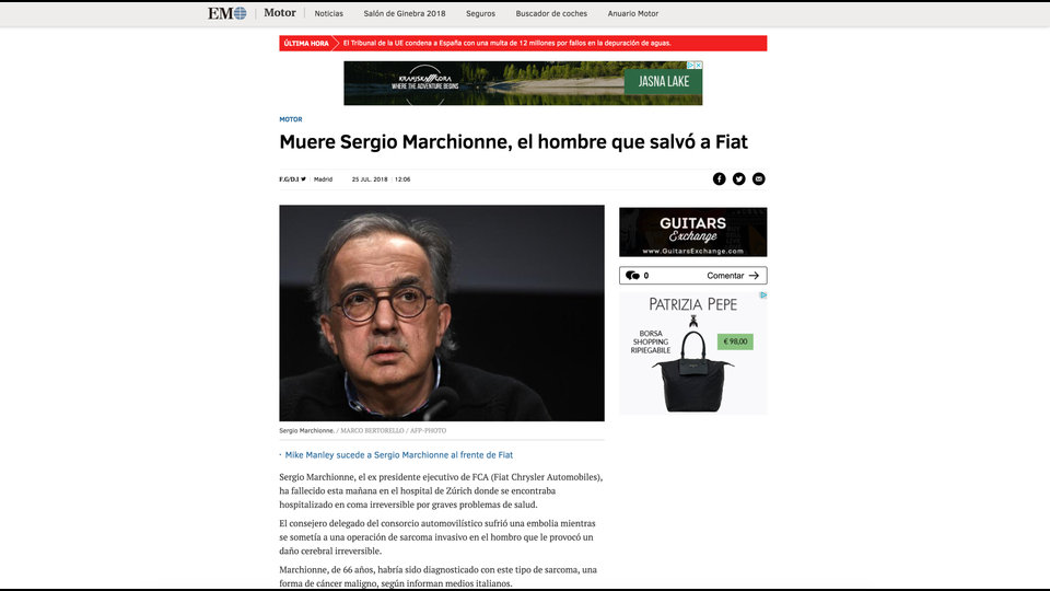 EL MUNDO:  Muore Sergio Marchionne, l'uomo che salv&ograve; la FiatMike Manley succede a Sergio Marchionne come capo della Fiat