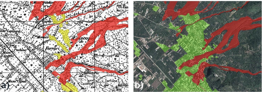 Scenario d&rsquo;evento 1998 su: a) edificato 1956; b) edificato 1998.