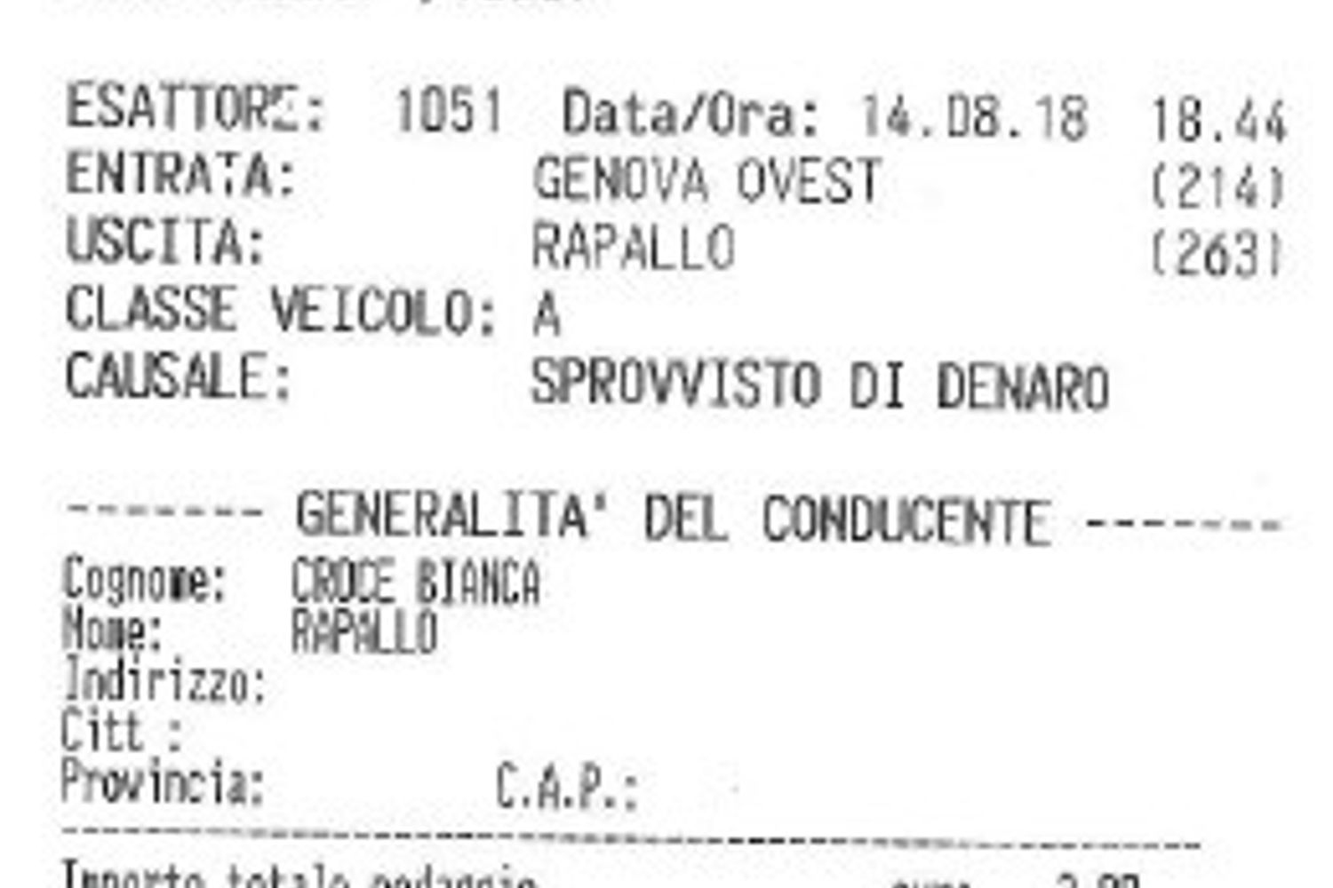 &nbsp;La ricevuta del mancato pedaggio dell'ambulanza sulla A10