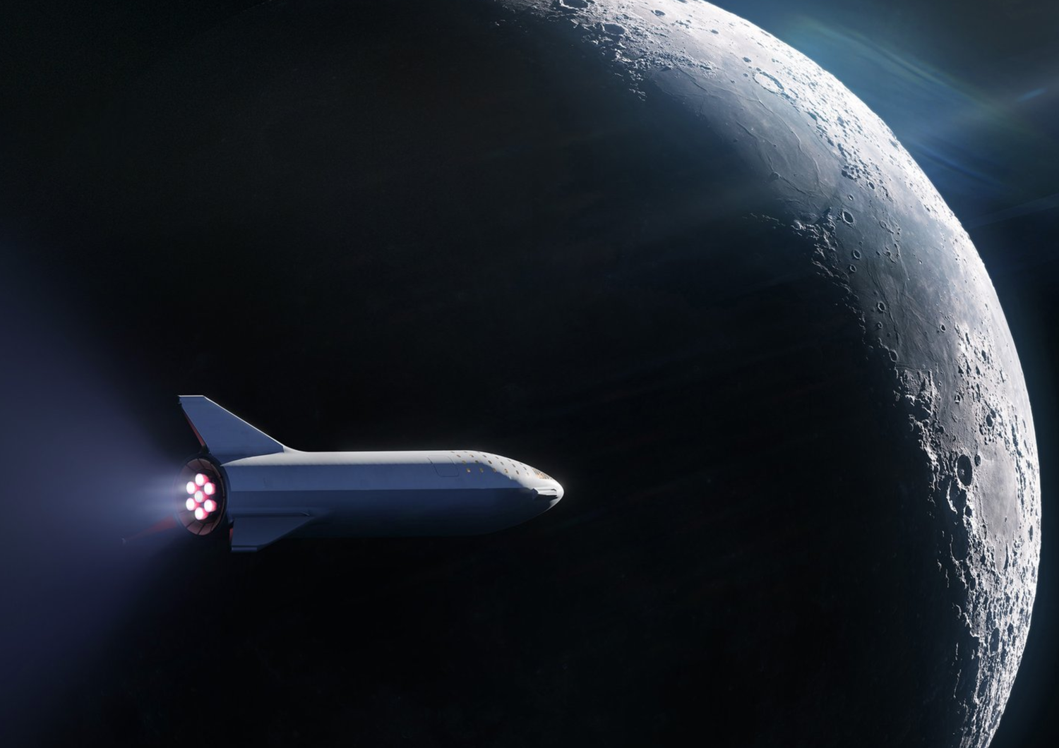 &nbsp;Un rendering dell'astronave di SpaceX in orbita intorno alla Luna