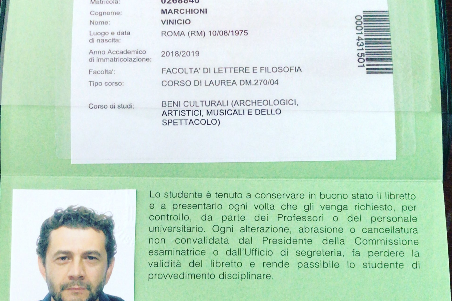 &nbsp;Libretto universitario Vinicio Marchioni