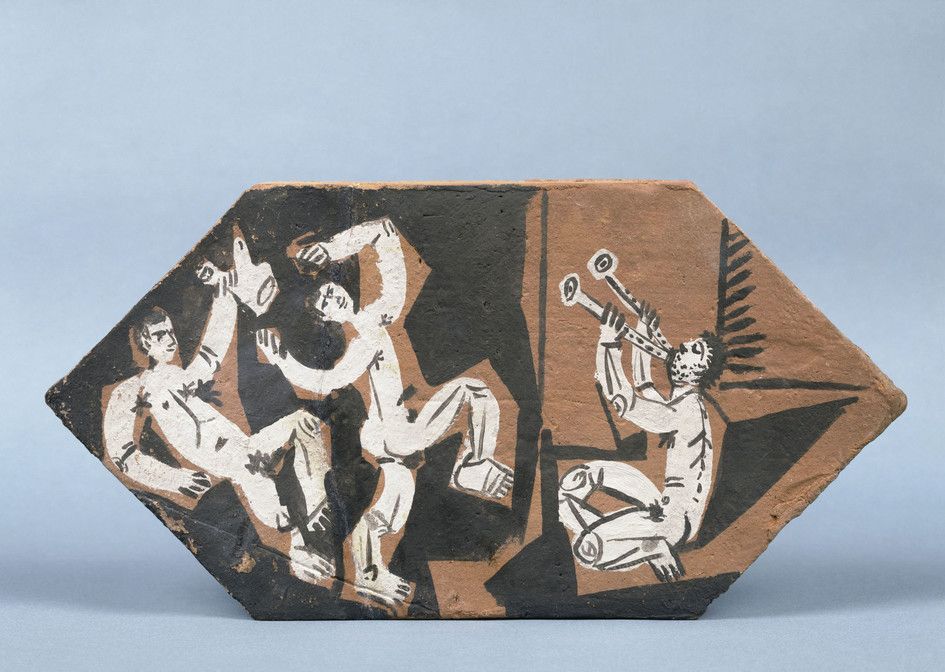 &nbsp;Picasso - Piastrellina decorata con un baccanale un musico un danzatore e...