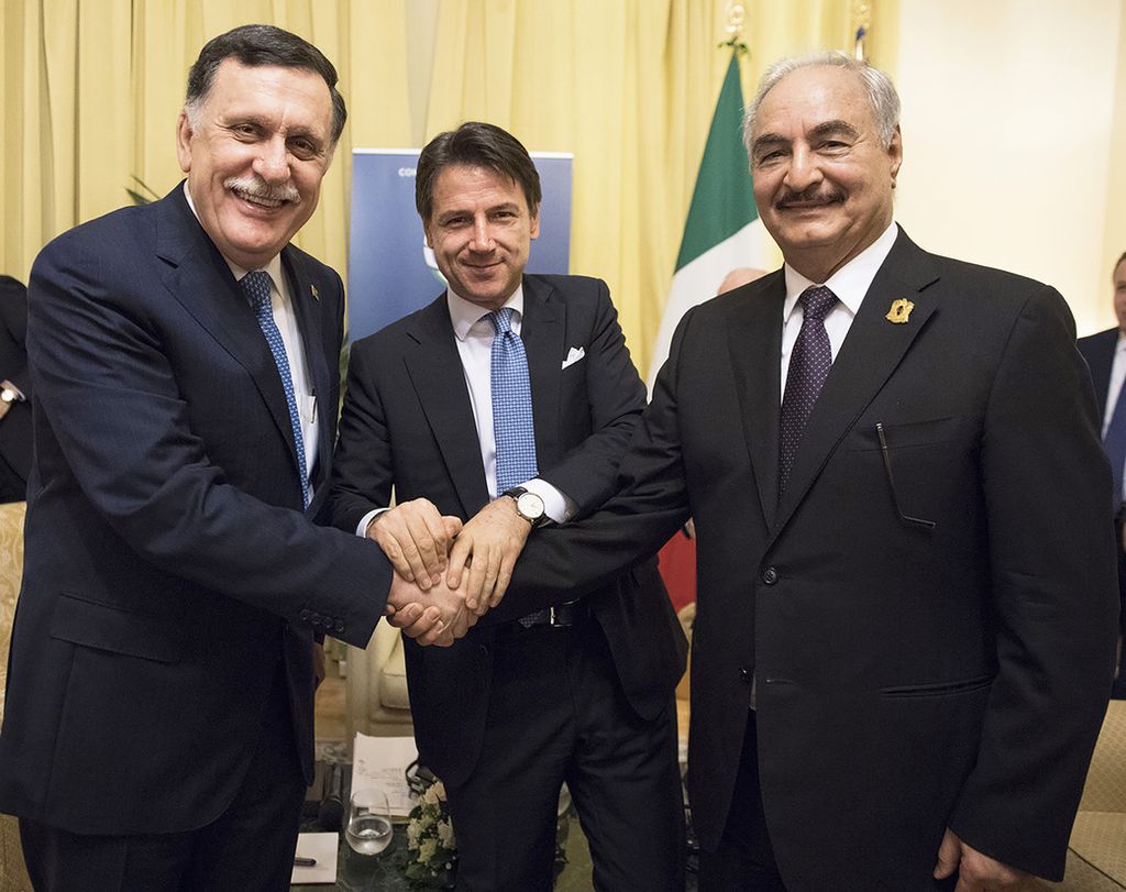 &nbsp;Giuseppe Conte-Fayez al-Sarraj-Khalifa Haftar (AFP)